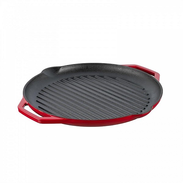 ENAMELED RIBBED CAST IRON FRYING PAN RED