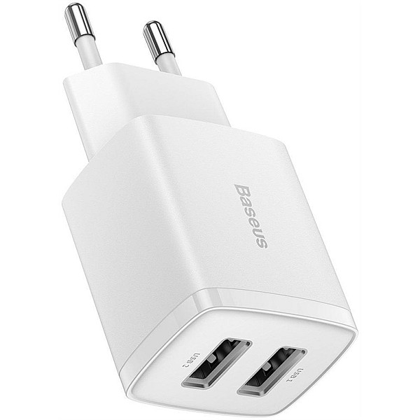 Lādētājs Baseus Compact Charger 2U. 2 x USB. balta. 10.5 W