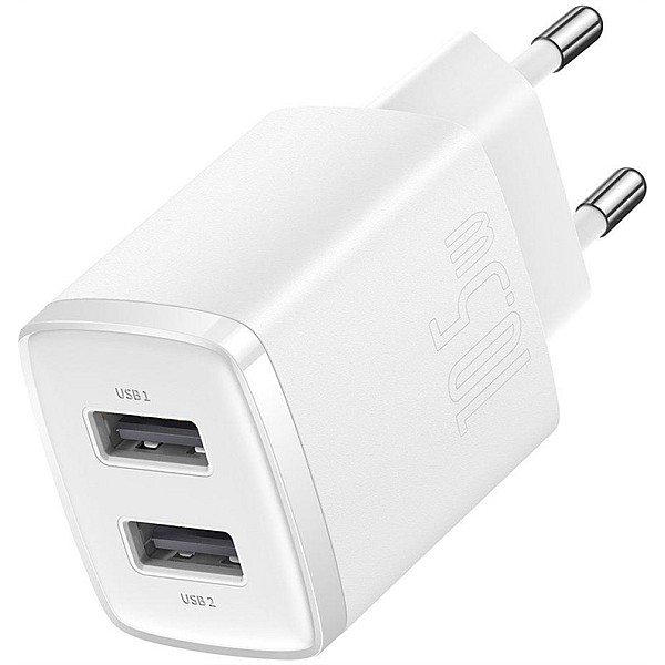 Lādētājs Baseus Compact Charger 2U. 2 x USB. balta. 10.5 W