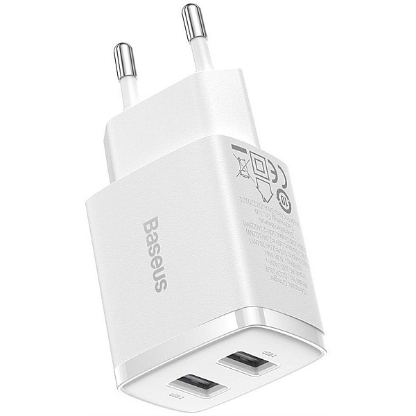 Lādētājs Baseus Compact Charger 2U. 2 x USB. balta. 10.5 W