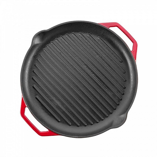 ENAMELED RIBBED CAST IRON FRYING PAN RED