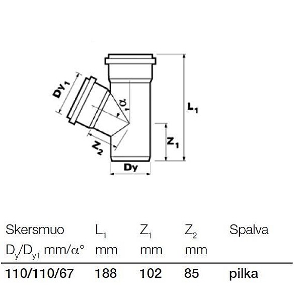 Kanalizācijas caurules trejgabals Wavin D110mm. 67°. PVC