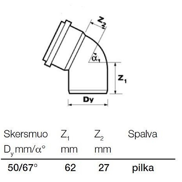 Vidaus kanalizacijos alkūnė Wavin. Ø 50 mm. 67°