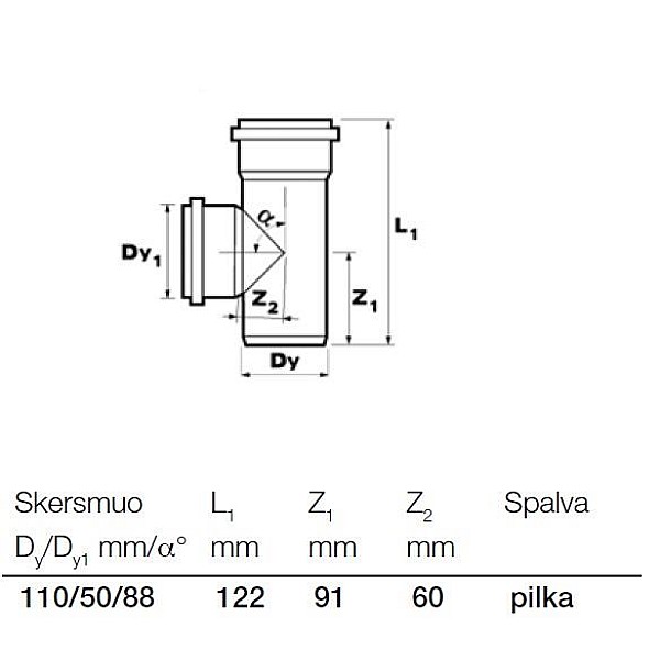 Kanalizācijas caurules trejgabals Wavin D50/110mm. 88°. PVC