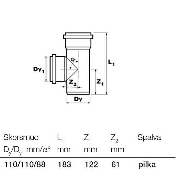 Vidaus kanalizacijos trišakis Wavin. Ø 110 / 110 mm. 88°