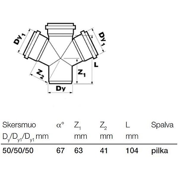 Vidaus kanalizacijos keturšakis Wavin. Ø 50 / 50 / 50. 67°