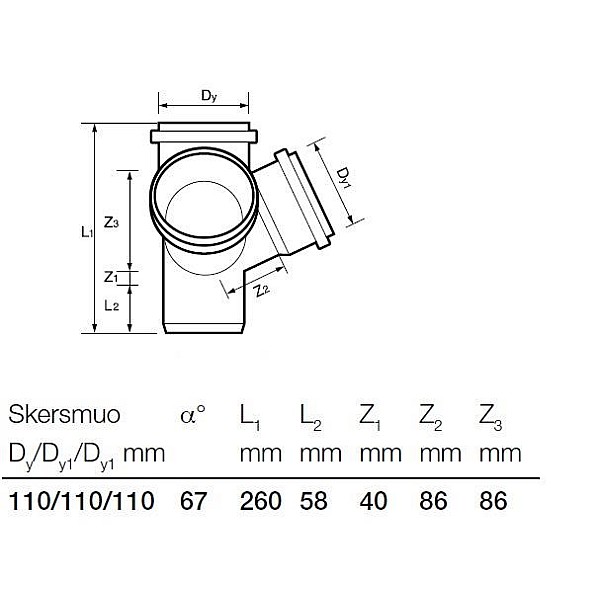 Erdvinis keturšakis Wavin. Ø 110 / 110 / 110. 67°