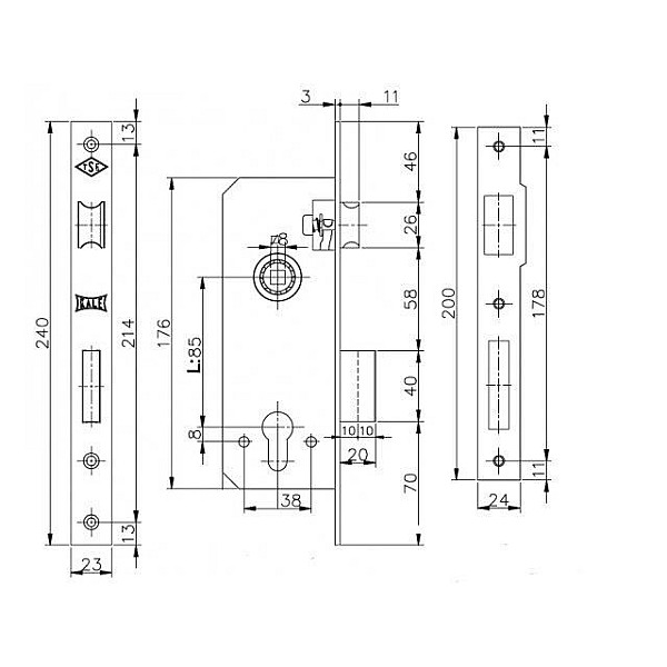 MORTISE LOCK KALE 152/R-35 WITHO CYL BR