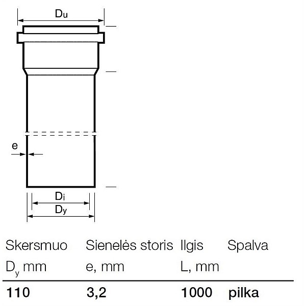 Caurule PVC ar uzmavu Wavin. Ø 110 mm. 1 m