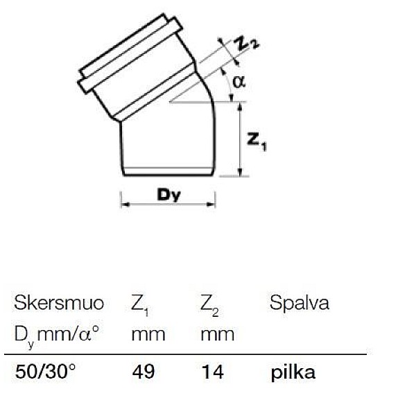 Kanalizācijas caurules 30° līkums Wavin D50mm. PVC