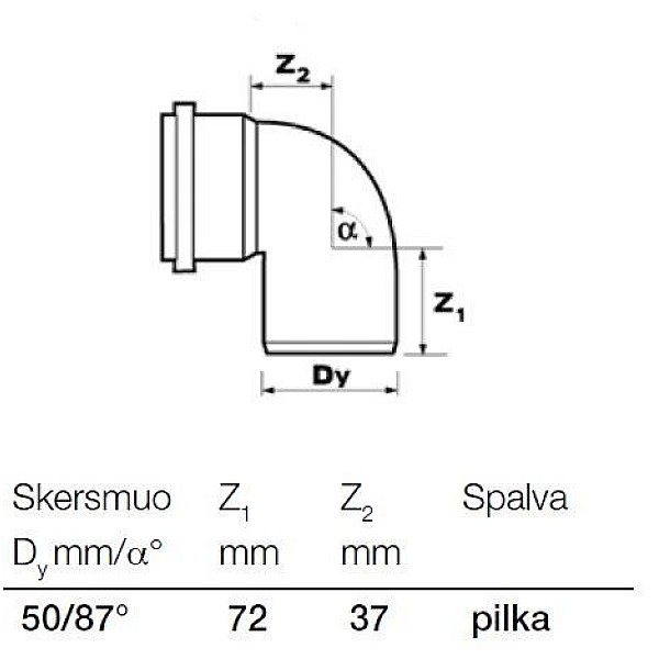 Vidaus kanalizacijos alkūnė Wavin. Ø 50 mm. 87°