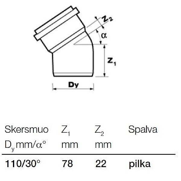 Vidaus kanalizacijos alkūnė Wavin. Ø 110 mm. 30°