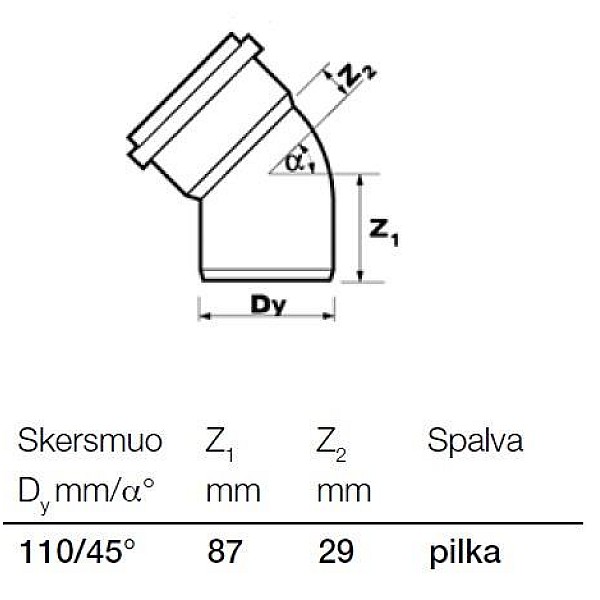 Kanalizācijas caurules 45° līkums Wavin D110mm. PVC