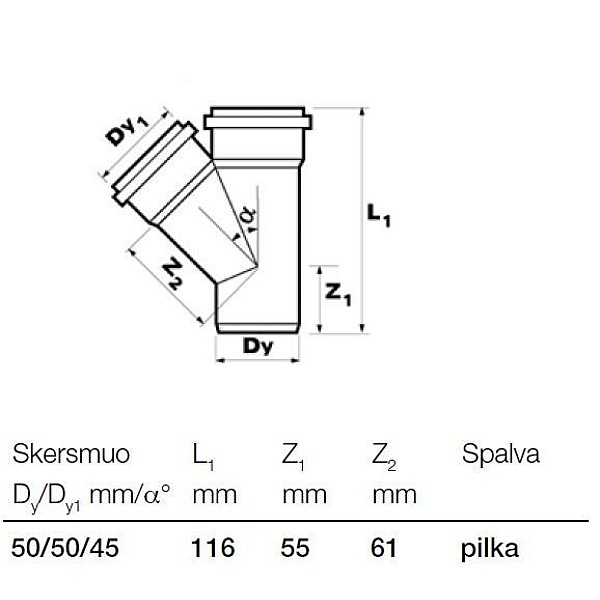 Kanalizācijas caurules trejgabals Wavin D50mm. 45°. PVC