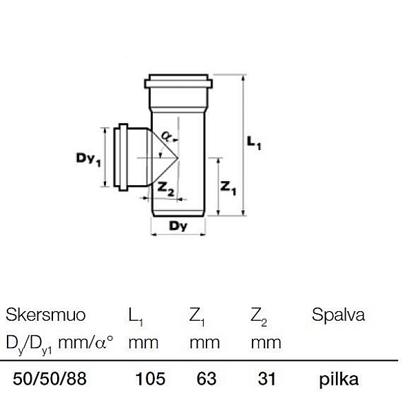 Kanalizācijas caurules trejgabals Wavin D50mm. 88°. PVC