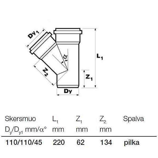 Vidaus kanalizacijos trišakis Wavin. Ø 110 / 110 mm. 45°