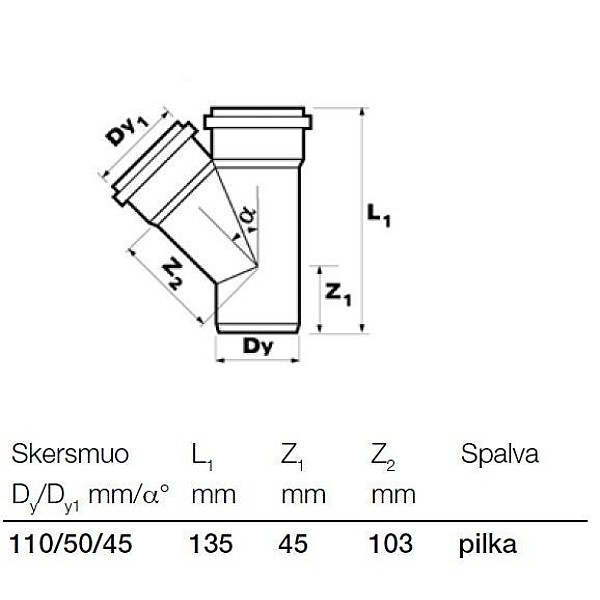 Vidaus kanalizacijos trišakis Wavin. Ø 50 / 110 mm. 45°