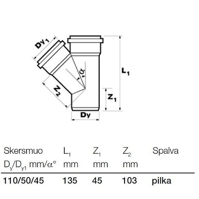 Kanalizācijas caurules trejgabals Wavin D50/110mm. 45°. PVC Kanalizācijas caurules trejgabals Wavin D50/110mm. 45°. PVC