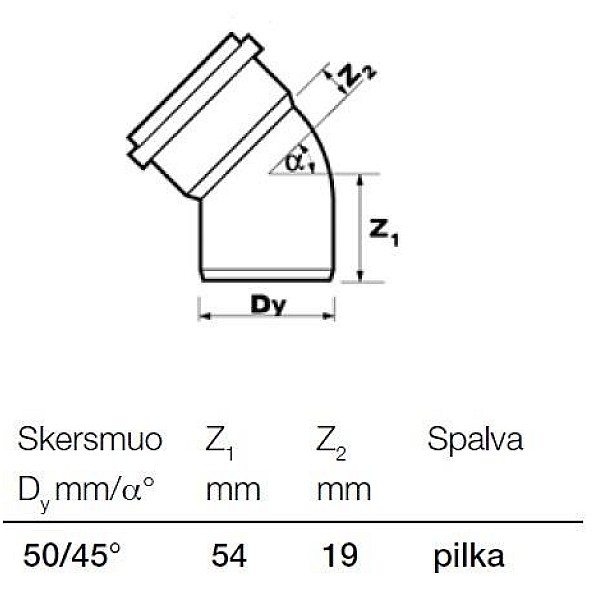 Kanalizācijas caurules 45° līkums Wavin D50mm. PVC