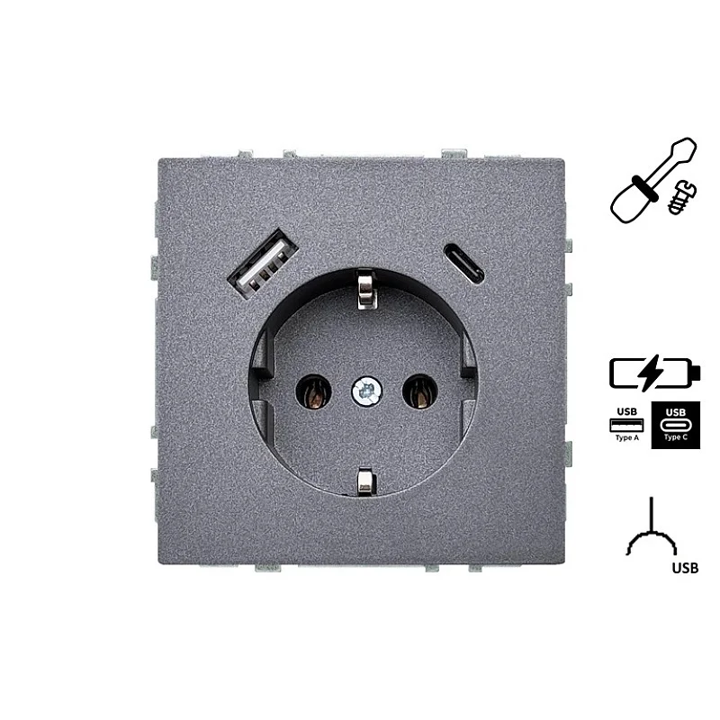 Kištukinis lizdas ir USB A+C kroviklis LIREGUS MODERN.juoda