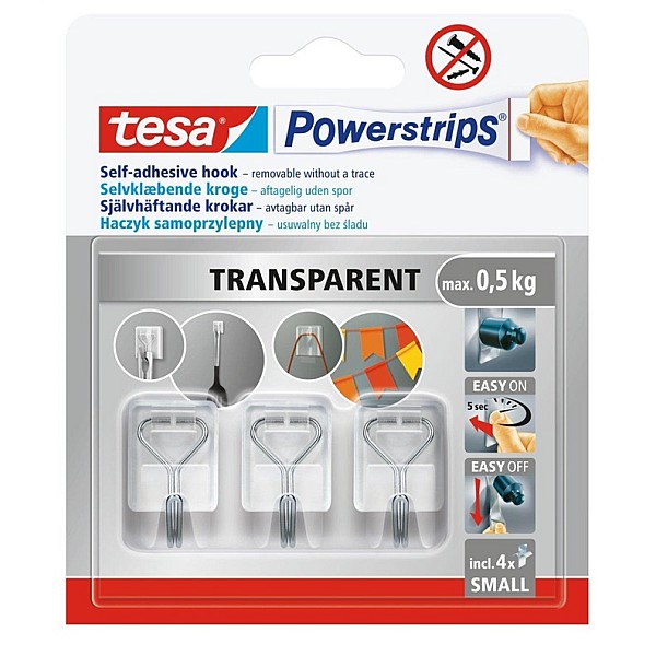 Drēbju āķis Tesa Powerstrips. 3 gab.. caurspīdīga