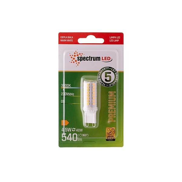 Spuldze Spectrum LED. silti balta. G9. 4.5 W. 510 lm