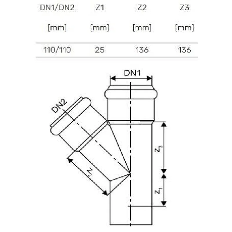 Trišakis vidaus kanalizacijai Skolan. 110 mm x 110 mm. 45 ° Trišakis vidaus kanalizacijai Skolan. 110 mm x 110 mm. 45 °