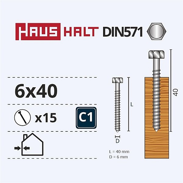 Medvaržčiai Haushalt. DIN571. 6.0 x 40 mm. ZN. 15 vnt.