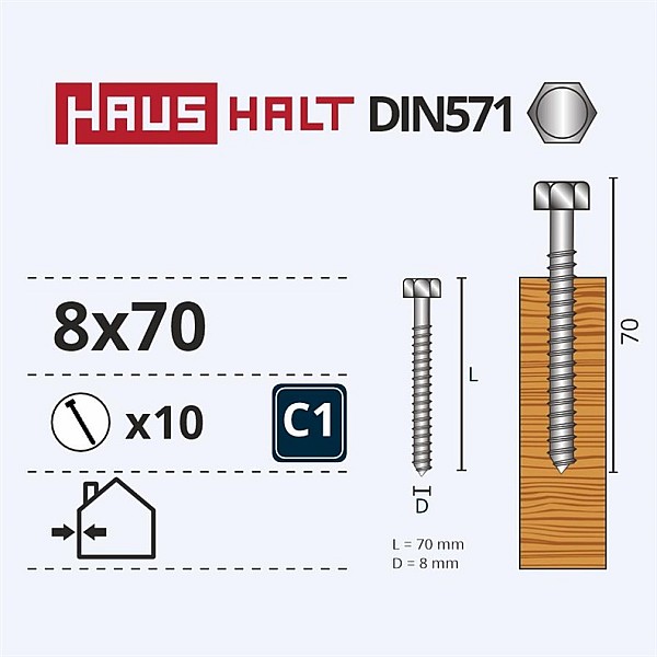 Medvaržčiai Haushalt. DIN571. 8.0 x 70 mm. ZN. 10 vnt.