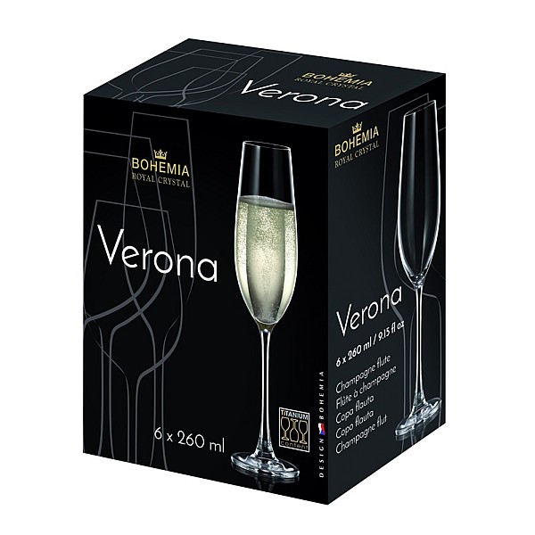 Šampano taurės BOHEMIA ROYAL CRYSTAL VERONA. 260 ml. 6 vnt.