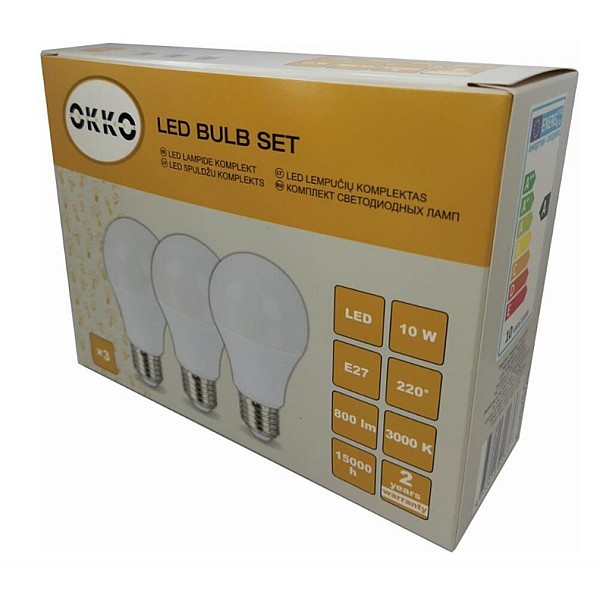 Spuldze Led OKKO A60. 10W. E27. 3000K. 800lm 3 gab.