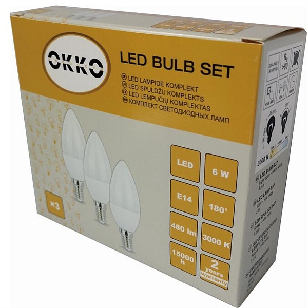 Spuldze Led OKKO C37. 6W. E14. 3000K. 510lm 3 gab.