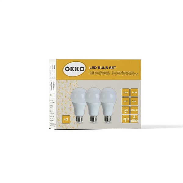 Led lempa OKKO A60. 15W. E27. 3000K. 1350lm 3 vnt.