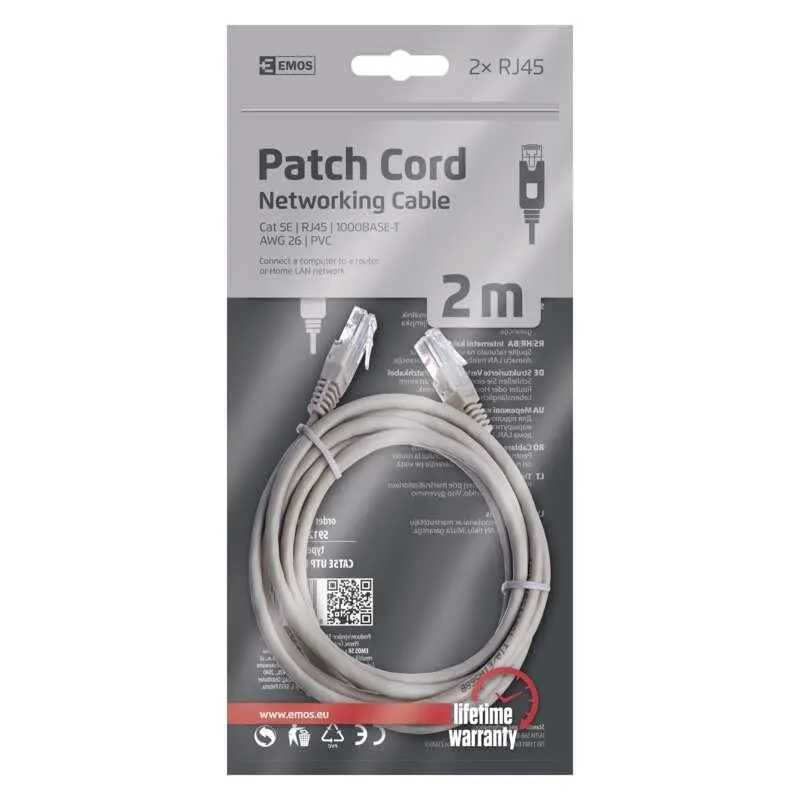 Kabelis EMOS RJ-45 M. RJ-45 M. 2m. pelēks S9123 Kabelis EMOS RJ-45 M. RJ-45 M. 2m. pelēks S9123