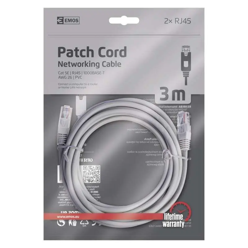 Kabelis EMOS RJ-45 M. RJ-45 M. 3m. pelēks S9124 Kabelis EMOS RJ-45 M. RJ-45 M. 3m. pelēks S9124