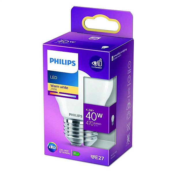 LED lemputė PHILIPS. P45. E27. 4.3 W. 470 lm. 2700 K