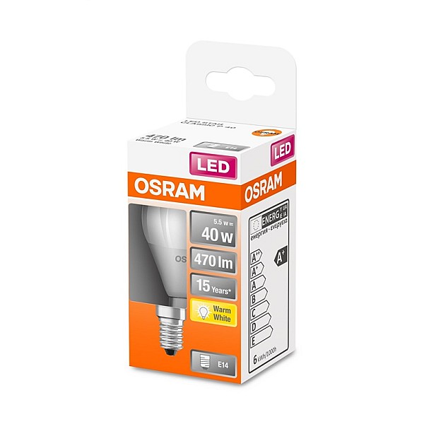 LED lempa Osram P45. 5.5W. E14. 2700K. 470lm. matinė