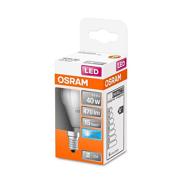 LED lempa Osram. P45. 5.5W. E14. 4000K. 470lm. matinė