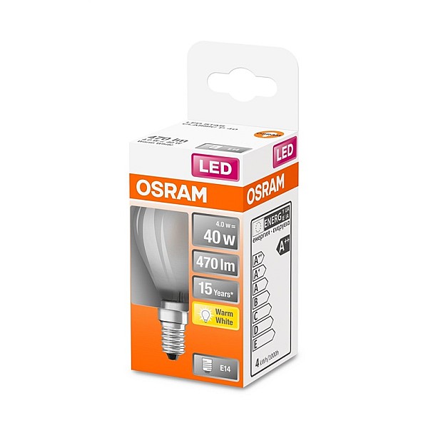 LED lempa Osram. P45. 4W. E14. 2700K. 470lm. matinė