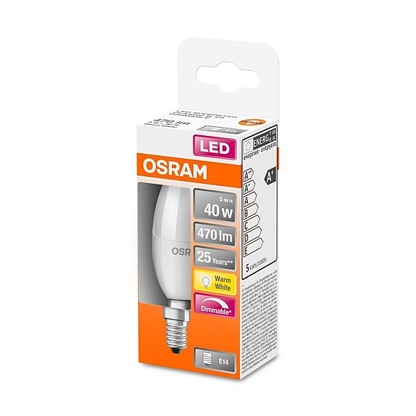 LED lempa Osram. B35. 5W. E14. 827. 470lm. dim. mat