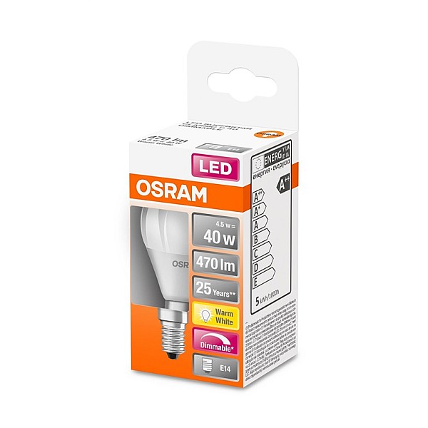 LED lempa Osram. P45. 4.5W. E14. 827. 470lm. dim. mat