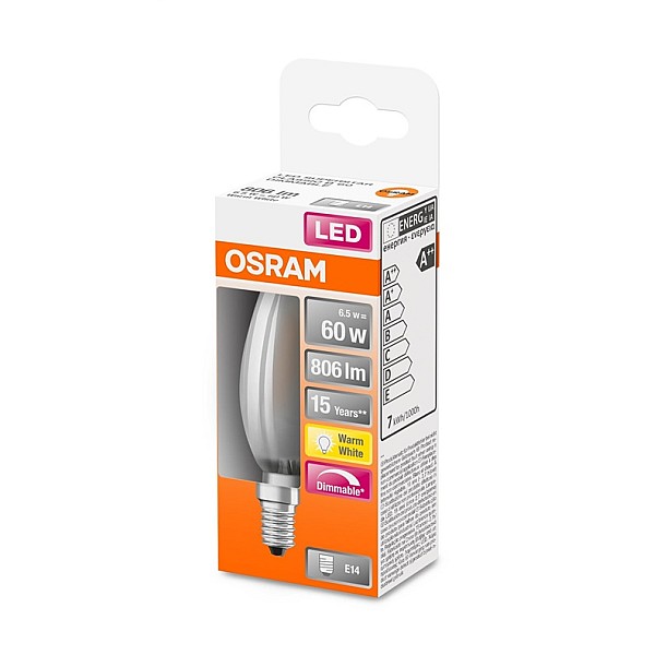 LED lemputė OSRAM. B35. E14. 5.5 W. 806 lm. 2700 K