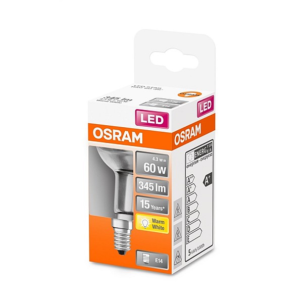 LED lempa Osram. R50. 36°. 4.3W. E14. 2700K. 345lm. skaidri