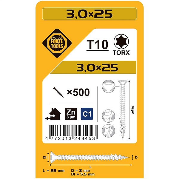 Medsraigčiai FORTE TOOLS. 3×25 mm. ZN. TX10. 500 vnt.