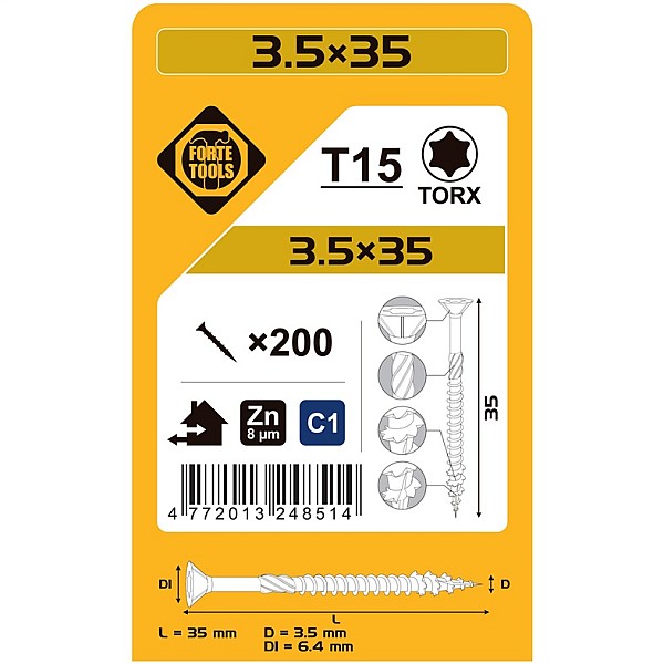 Medsraigčiai FORTE TOOLS. 3.5×35 mm. ZN. TX15. 200 vnt.