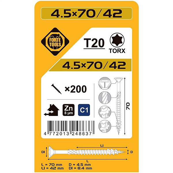 Medsraigčiai FORTE TOOLS. 4.5×70/42 mm. ZN. TX20. 200 vnt.