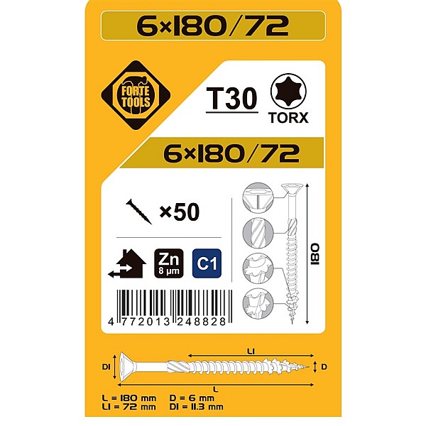 Medsraigčiai FORTE TOOLS. 6×180/72 mm. ZN. TX30. 50 vnt.