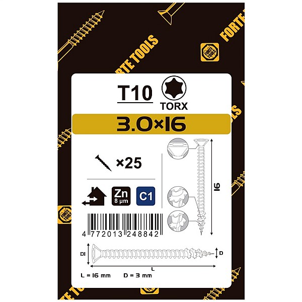 CHIPBOARD SCR T10 3.0X16 WHITE ZN25PCS