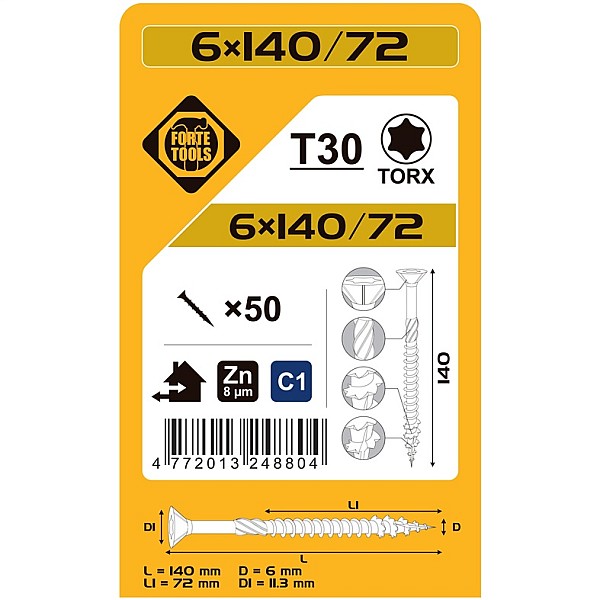 Medsraigčiai FORTE TOOLS. 6×140/72 mm. ZN. TX30. 50 vnt.