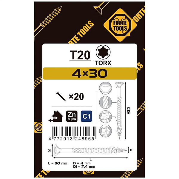 CHIPBOARD SCR T20 4.0X30 WHITE ZN20PCS